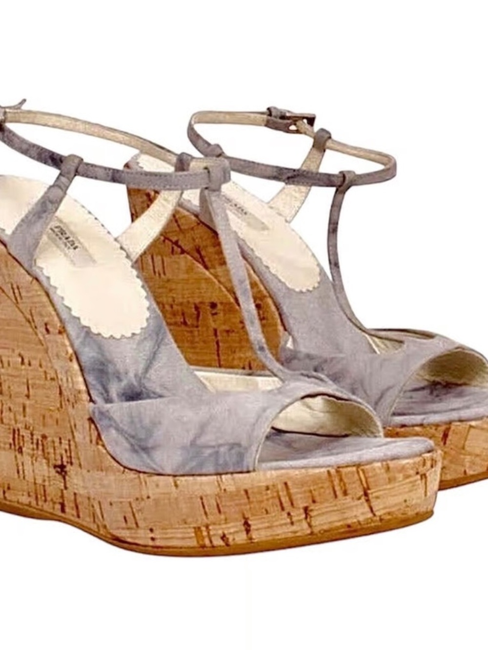 Prada Light Blue Suede T-Strap Wedge Sandals